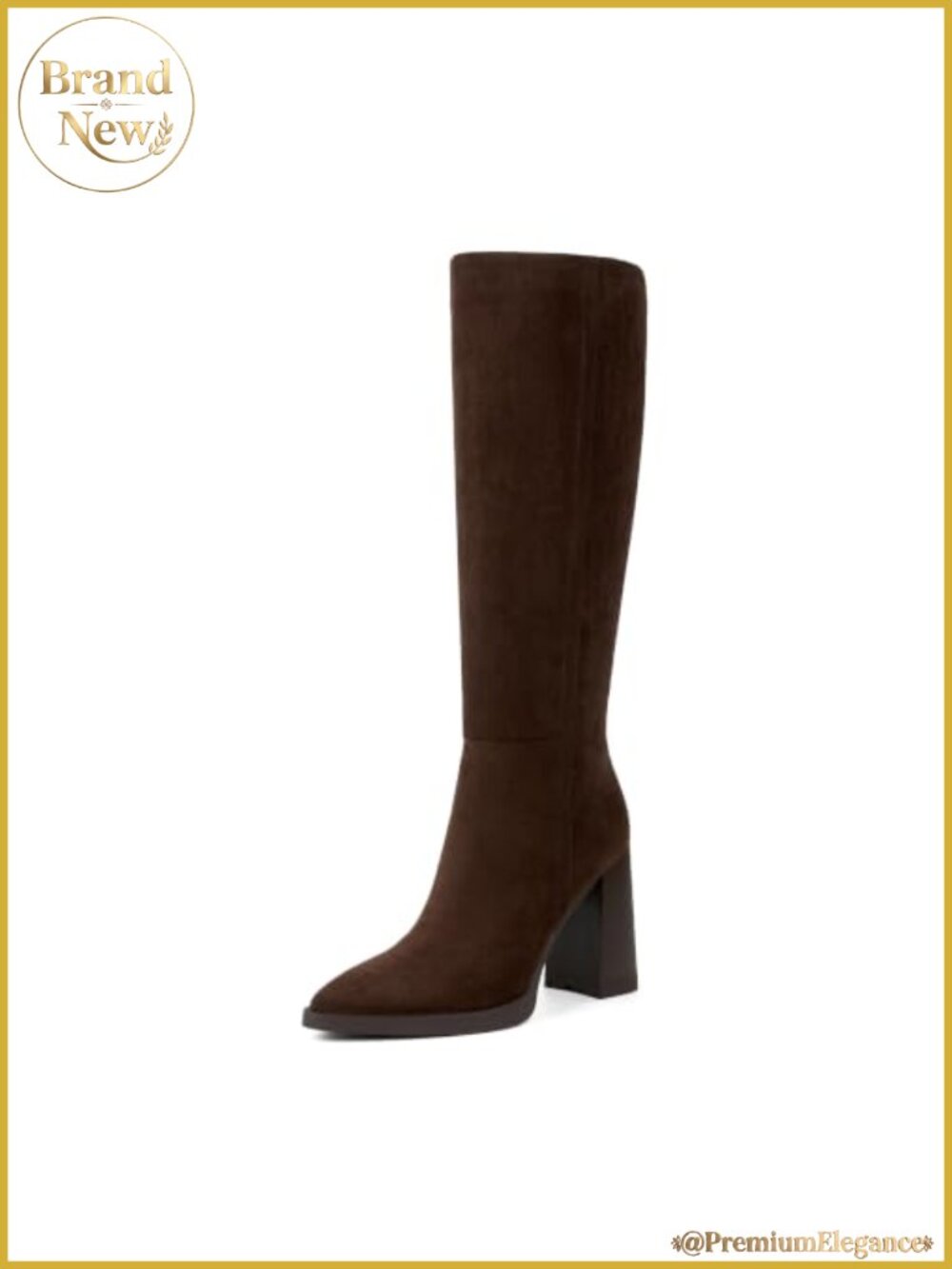 Pointed Toe Knee High Boots Chunky Heel Side Zip Tall Faux Suede